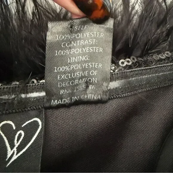 Windsor Black Sequins Strapless Corset Mini Dress with Feather Neckline Size L - Picture 9 of 9